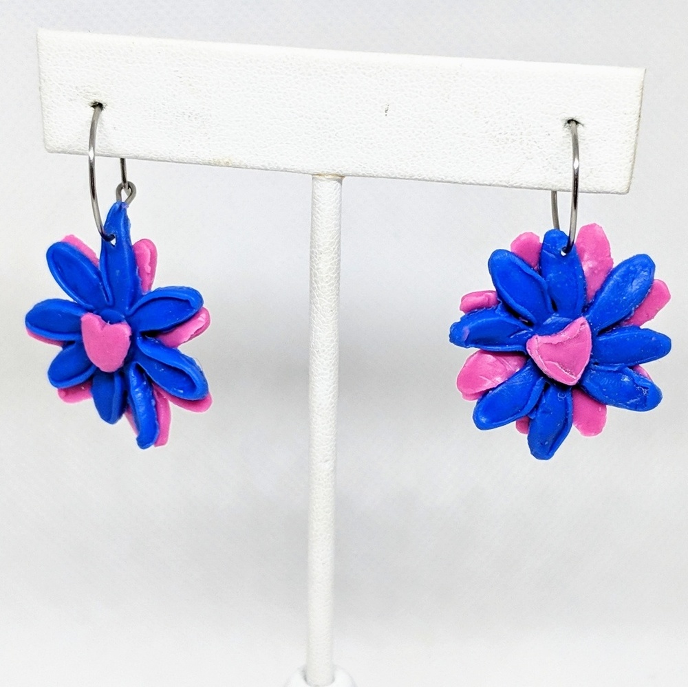 Handmade Pink & Blue Flower Earrings on Hoops